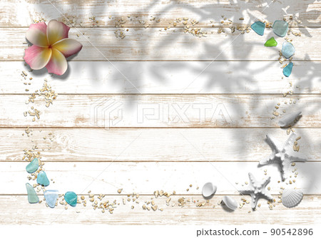 White wooden deck, coral sand and white shells, summer memory frame 90542896