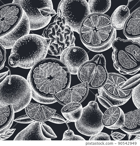 Citrus seamless pattern background design. Engraved style. Hand drawn kumquat, lemon, tangelo, etc. 90542949