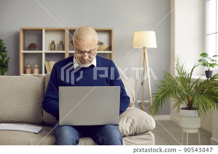 Senior man in glasses sitting on the couch at home and working on his laptop computer 90543847