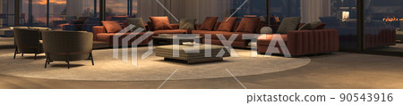 Modern luxury interior with panoramic windows. Minimal apartment design living room with night lighting. 3d rendering illustration. Web banner. Modern luxury interior with panoramic windows. Minimal apartment design living room with night lighting. 3d rendering illustration. Web banner. 90543916
