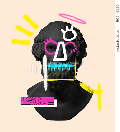 Contemporary art collage with antique black colored statue bust with neon drawings. Surreal style. Serious look Contemporary art collage with antique black colored statue bust with neon drawings. Surreal style. Serious look 90544136