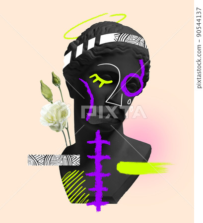 Contemporary art collage with antique black colored statue bust with neon drawings. Surreal style. Male lips element Contemporary art collage with antique black colored statue bust with neon drawings. Surreal style. Male lips element 90544137