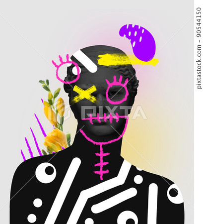 Contemporary art collage with antique black colored statue bust with neon drawings. Male eyes element. Contemporary art collage with antique black colored statue bust with neon drawings. Male eyes element. 90544150