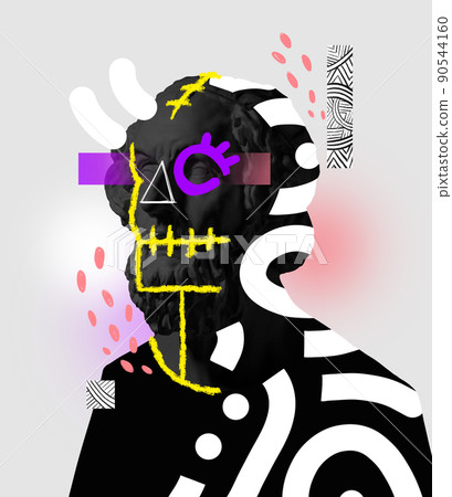 Contemporary art collage with antique black colored statue bust with neon drawings. Modern vision of David's head Contemporary art collage with antique black colored statue bust with neon drawings. Modern vision of David's head 90544160