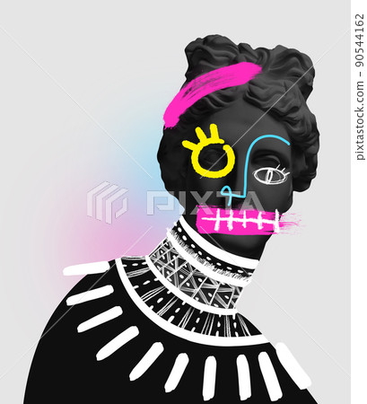 Contemporary art collage with antique black colored statue bust with neon drawings. Surreal style. New fashion Contemporary art collage with antique black colored statue bust with neon drawings. Surreal style. New fashion 90544162