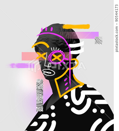 Contemporary art collage with antique black colored statue bust with neon drawings. Surreal style. Female eye element Contemporary art collage with antique black colored statue bust with neon drawings. Surreal style. Female eye element 90544173