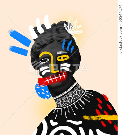 Contemporary art collage with antique black colored statue bust with neon drawings. Time for festival Contemporary art collage with antique black colored statue bust with neon drawings. Time for festival 90544174