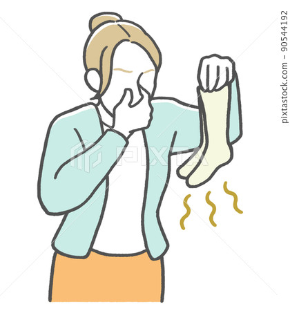 Western woman pinching her nose and smelling socks Western woman pinching her nose and smelling socks 90544192