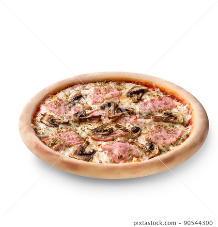 Fresh pizza with mushrooms, ham, cheese on white background. Copy space. Top view. 90544300