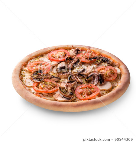 Meat chicken and mushrooms pizza isolated on white background. Meat chicken and mushrooms pizza isolated on white background. 90544309