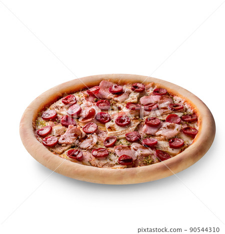 Thinly sliced pepperoni is a popular pizza topping in American-style pizzerias 90544310