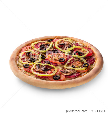 Delicious Italian pizza with tomato, pepperoni and mushrooms, top view isolated on white background Delicious Italian pizza with tomato, pepperoni and mushrooms, top view isolated on white background 90544311
