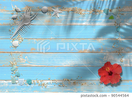 Blue wooden deck, coral sand and shells, flowering summer memory frame Blue wooden deck, coral sand and shells, flowering summer memory frame 90544564