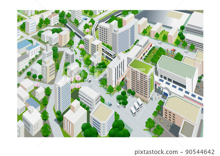 Oil-style embossing. Beautiful cityscape and living scenery. Creating a city where people can live brightly and the nature and housing blend together. Oil-style embossing. Beautiful cityscape and living scenery. Creating a city where people can live brightly and the nature and housing blend together. 90544642