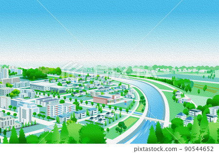 Oil-style embossing. Beautiful cityscape and living scenery. Creating a city where people can live brightly and the nature and housing blend together. 90544652