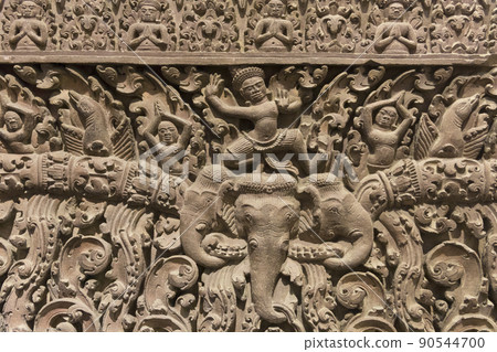 The sandstone lintel depicting Lord Indra riding on Airavata Elephent The sandstone lintel depicting Lord Indra riding on Airavata Elephent 90544700