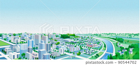 Oil-style embossing. Beautiful cityscape and living scenery. Creating a city where people can live brightly and the nature and housing blend together. Oil-style embossing. Beautiful cityscape and living scenery. Creating a city where people can live brightly and the nature and housing blend together. 90544702