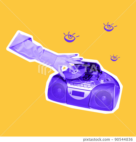 Artwork with female hand and vintage record player isolated over yellow background. Contemporary art collage. Poster graphics Artwork with female hand and vintage record player isolated over yellow background. Contemporary art collage. Poster graphics 90544836