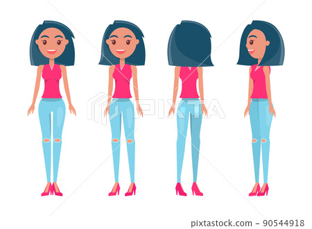 Brunette Girl in Feminine T-shirt and Ripped Jeans Brunette Girl in Feminine T-shirt and Ripped Jeans 90544918