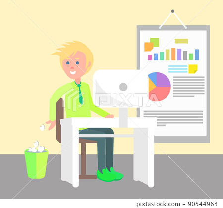 Cheerful Man Working in Office Vector Illustration Cheerful Man Working in Office Vector Illustration 90544963