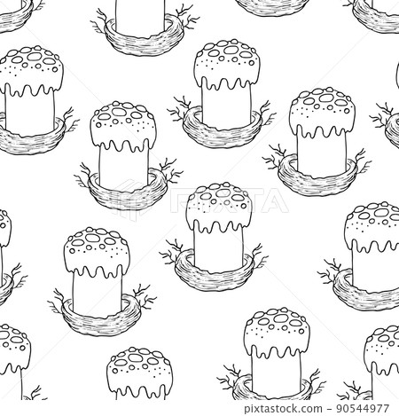 Seamless pattern with Easter cake on white background. Hand drawn Happy Easter symbol. Design for card, postcard, wallpaper, poster, fabric, textile. Holiday sweet food. Doodle style Seamless pattern with Easter cake on white background. Hand drawn Happy Easter symbol. Design for card, postcard, wallpaper, poster, fabric, textile. Holiday sweet food. Doodle style 90544977
