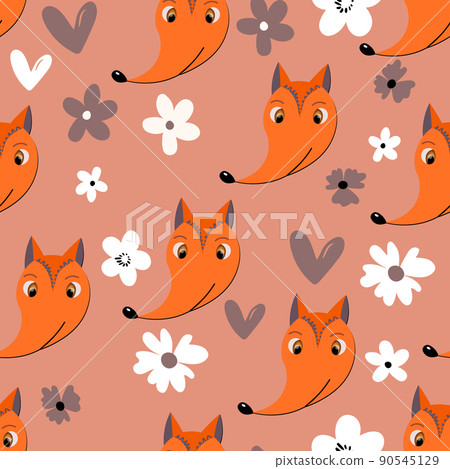 Seamless pattern with cute fox face on color... - Stock Illustration ...