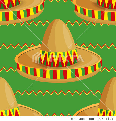 Seamless pattern with ethnic sombrero hat on color background. Vector drawing illustration for packaging, fabric, textile. Wild west, Mexico concept. Traditional Mexican wide brimmed hat 90545194