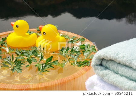 Open-air bath of mugwort hot water and cute ducks Open-air bath of mugwort hot water and cute ducks 90545211