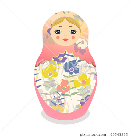 Russian Matryoshka. Traditional Russian folklore dolls with big eyes and lips. Babushka doll with hohloma, traditional painted floral pattern. Hand drawn vector illustration 90545255