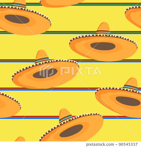 Seamless pattern with ethnic sombrero hat on color background. Vector drawing illustration for packaging, fabric, textile. Wild west, Mexico concept. Traditional Mexican wide brimmed hat 90545337