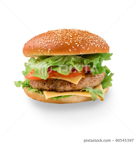 Tasty hamburger on white background 90545397