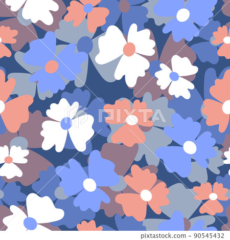 Seamless floral pattern based on traditional folk art ornaments. Colorful flowers on color background. Scandinavian style. Sweden nordic style. Vector illustration. Simple minimalistic pattern 90545432