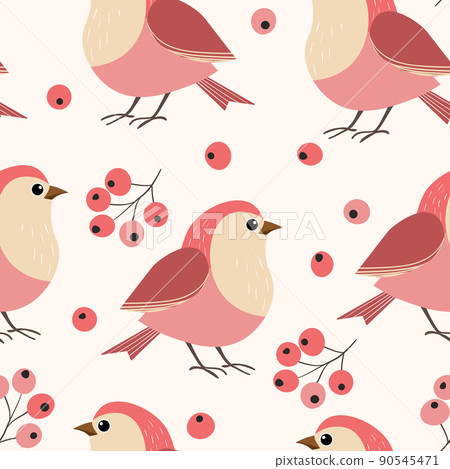 Seamless pattern with funny colorful birds, flowers, leaves and berries. Color flat vector illustration with little cartoon bird. Cute characters. Design for invitation, poster, card, textile, fabric 90545471