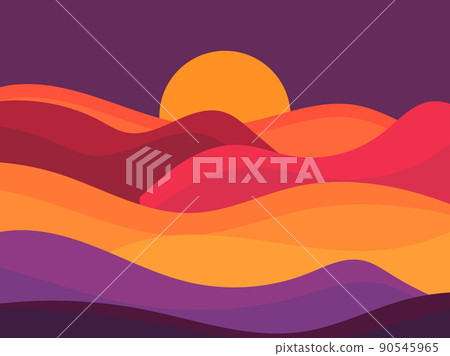 Sunset against the backdrop of a colorful desert landscape in a minimalist style. Sunset in the desert. Typographic boho decor for prints, posters and interior design. Vector illustration 90545965
