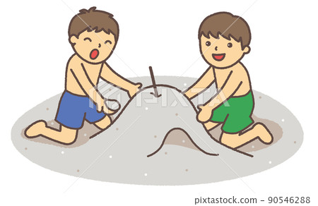 男孩們在沙灘上玩沙山 90546288