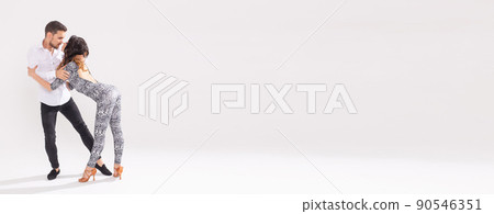 Banner social dance kizomba tango salsa - couple dancing bachata on white background copy space 90546351