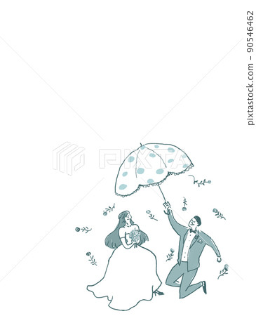 新娘和新郎打傘，婚禮，婚禮，沒有字母（垂直，右下排列） 90546462