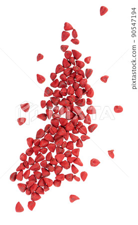 Annatto seeds, isolated on a white background. Achiote seeds, bixa orellana. Natural dye for cooking and food. Close-up. Top view. Annatto seeds, isolated on a white background. Achiote seeds, bixa orellana. Natural dye for cooking and food. Close-up. Top view. 90547194