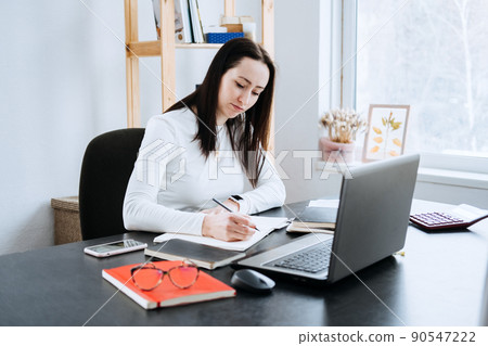 Accounting Formulas Equations for Accountants. Female Accountant working with calculator and laptop Accounting Formulas Equations for Accountants. Female Accountant working with calculator and laptop 90547222