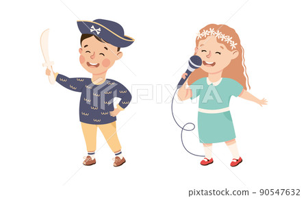 Little Boy and Girl Playing Pirate with Saber and Singing Song in Microphone Having Happy Childhood Vector Set Little Boy and Girl Playing Pirate with Saber and Singing Song in Microphone Having Happy Childhood Vector Set 90547632