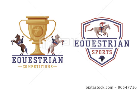Equestrian Club Logo and Emblem with Jockey on Horseback Vector Set 90547716