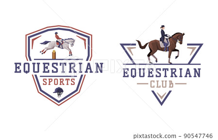 Equestrian Club Logo and Emblem with Jockey on Horseback Vector Set 90547746