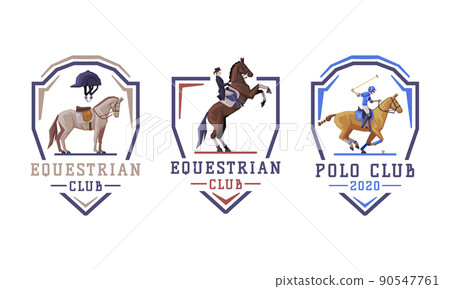 Equestrian Club Logo and Emblem with Jockey on Horseback Vector Set 90547761