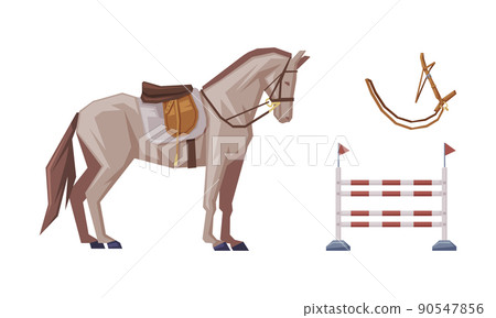 Equestrian Sport Items with Horse, Bridle and Barrier for Racing Vector Set Equestrian Sport Items with Horse, Bridle and Barrier for Racing Vector Set 90547856