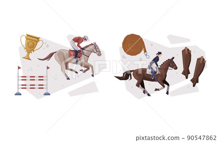 Jockey Club with Man Riding Horse Sitting on Horseback in Saddle Vector Composition Set 90547862