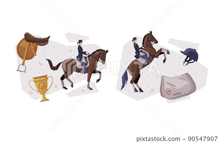 Jockey Club with Man Riding Horse Sitting on Horseback in Saddle Vector Composition Set 90547907