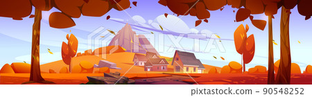 Autumn landscape with mountain, village houses 90548252