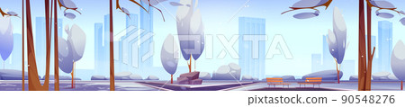 Winter landscape with city park and modern town - Stock Illustration ...