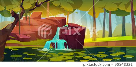 Waterfall at forest swamp with water lilies leaves 90548321