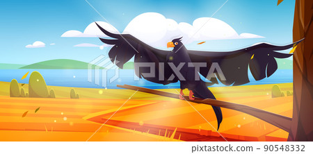 Autumn landscape with black raven 90548332